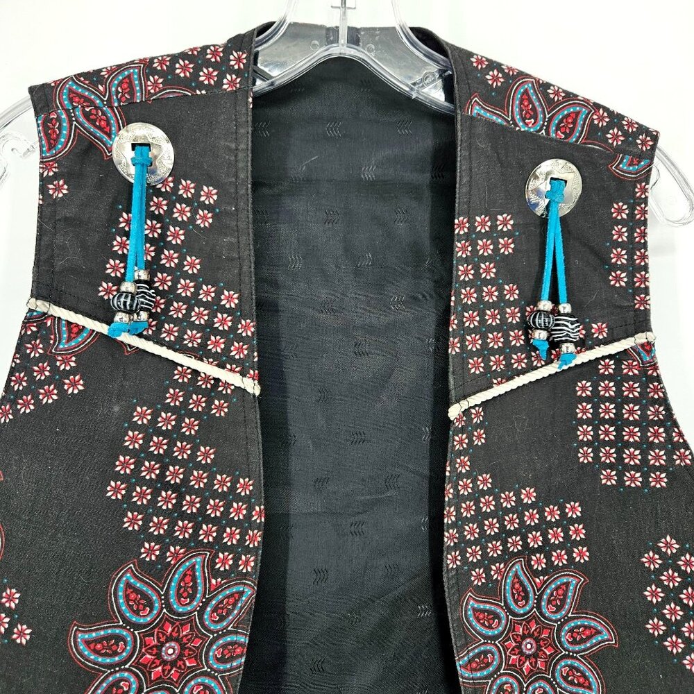 Western Boho Floral Vest Women Medium Black Blue Silver Buttons Beaded Lined - Picture 2 of 9